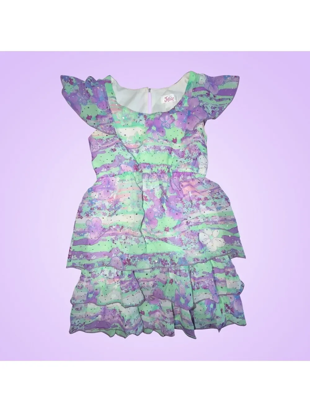 Justice Girls Size 6 Pastel Floral Purple Green Tiered Ruffle Dress Sequin